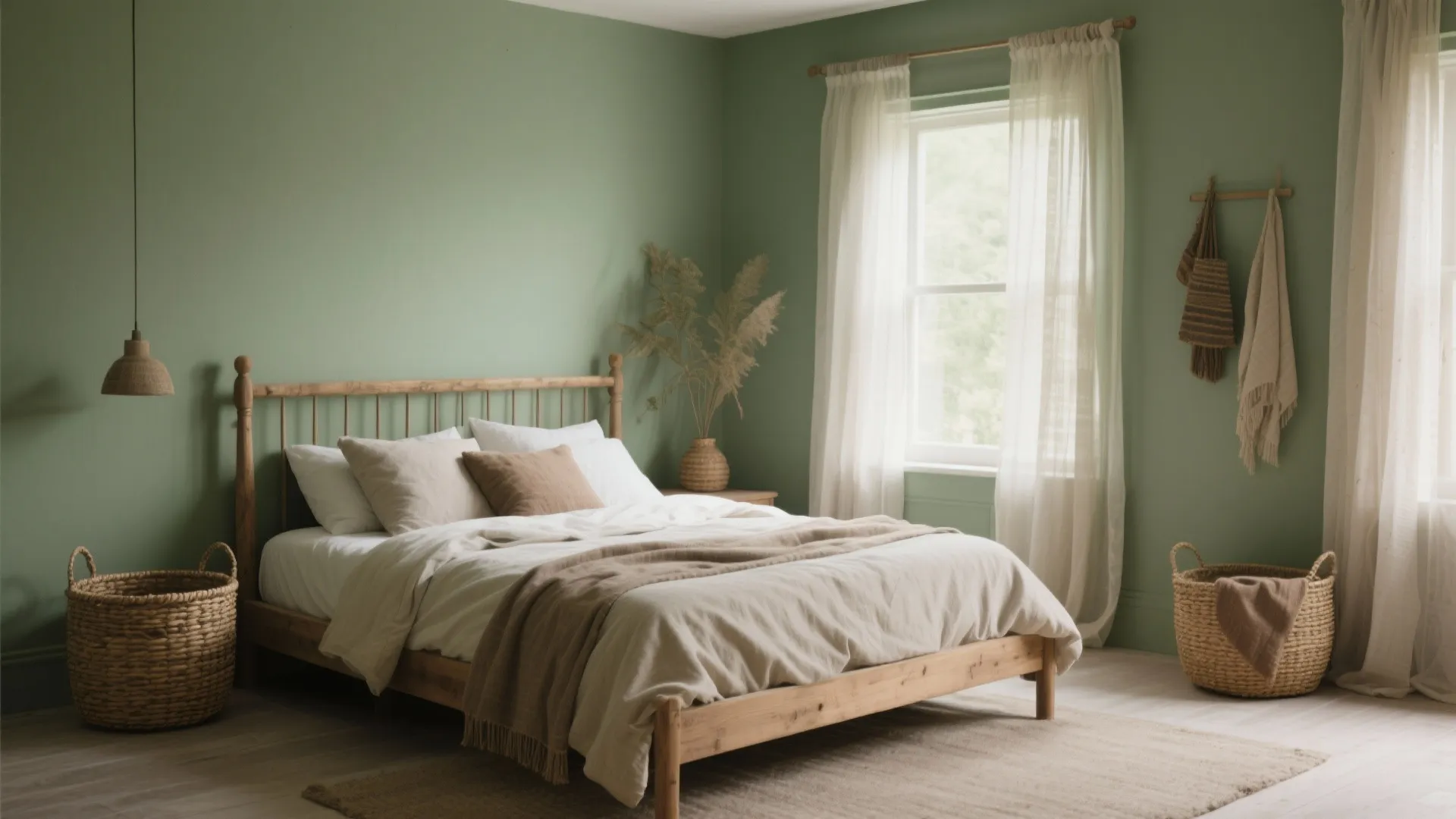Sage green bedroom featuring wooden bed frame white curtain light fixture and woven storage floor baskets