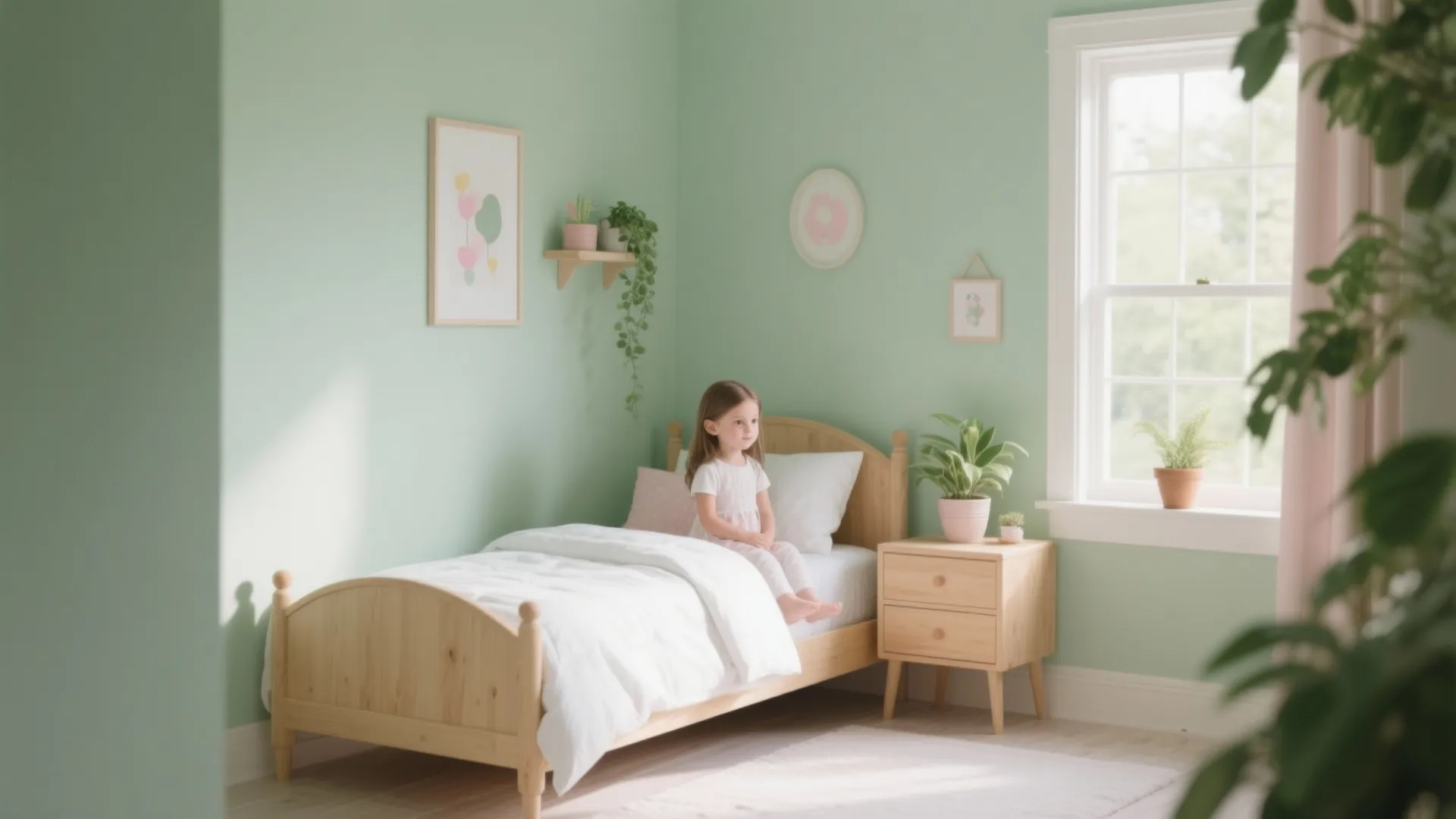Sage green girl bedroom with wooden bed wooden nightstand green plants and bright white window