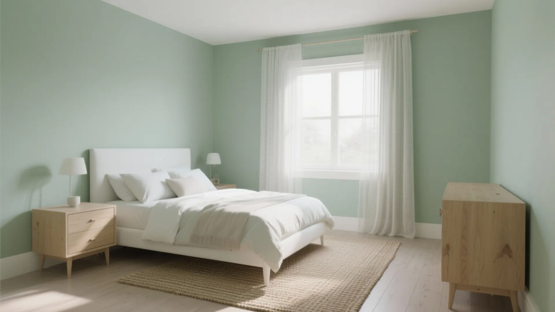 Minimalist bedroom with sage green walls white bed wooden side table cabinet and white window curtain