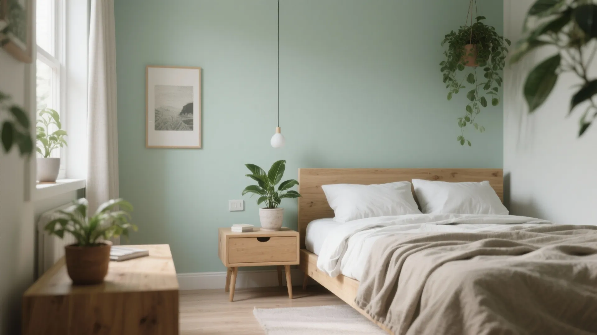 Small bedroom with pale sage walls, natural wood furniture and indoor plants for a nature-connected feel.