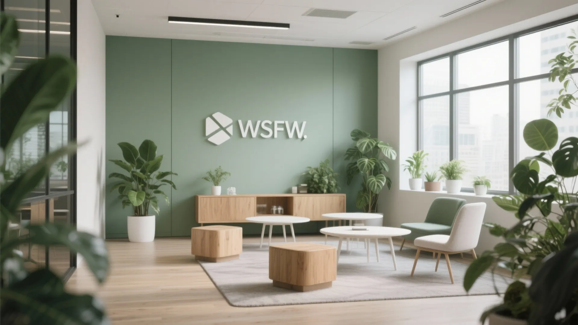 Muted sage green breakout area with wooden and white furniture