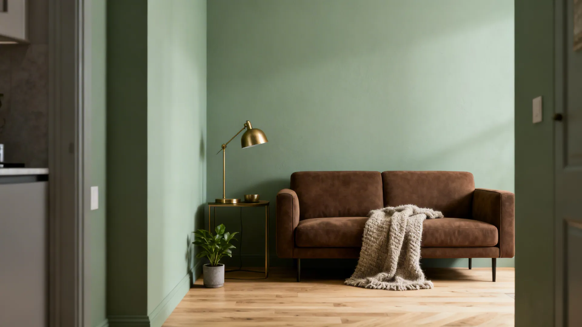Small living area with sage green walls and a brown sofa with brass accents.