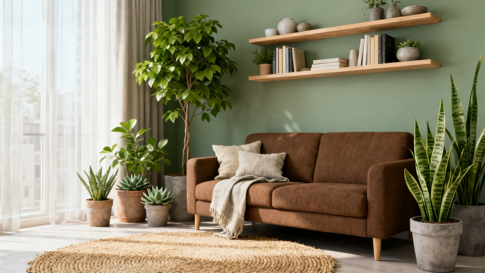 Brown sofa in front of muted sage green walls with indoor plants