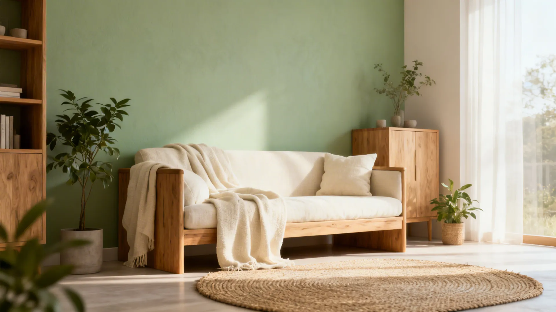 Serene living room with a soft sage green wall, cream textiles, and natural wood furniture.