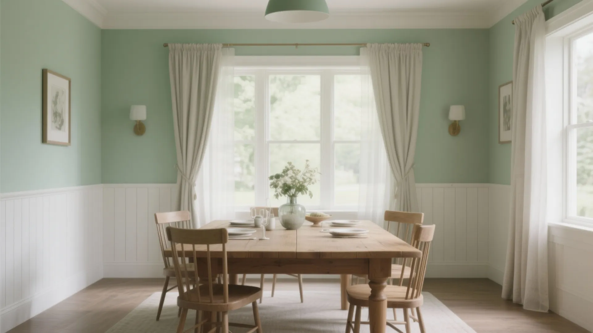 Sage green dining room with wooden table chairs white wall panel curtains and wall lights