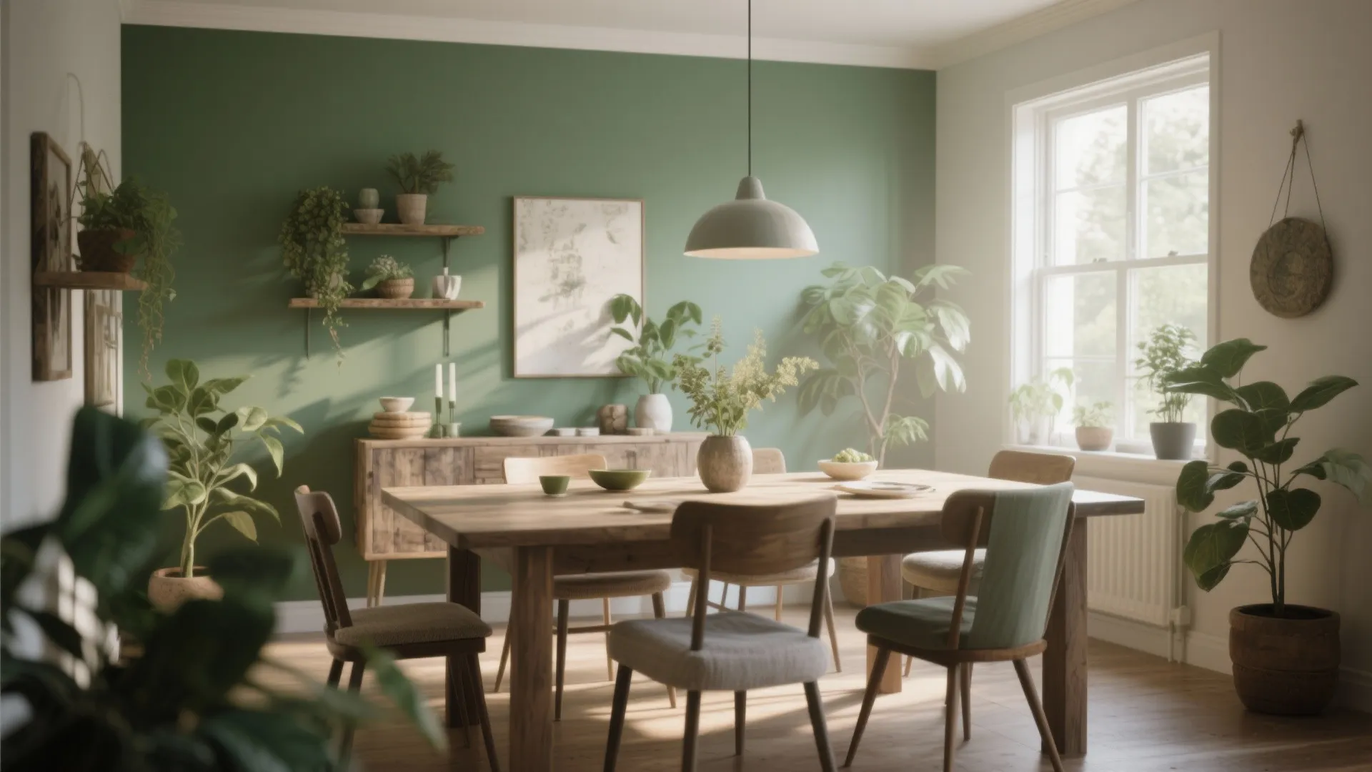 Sage green dining room accent wall with rustic-modern decor