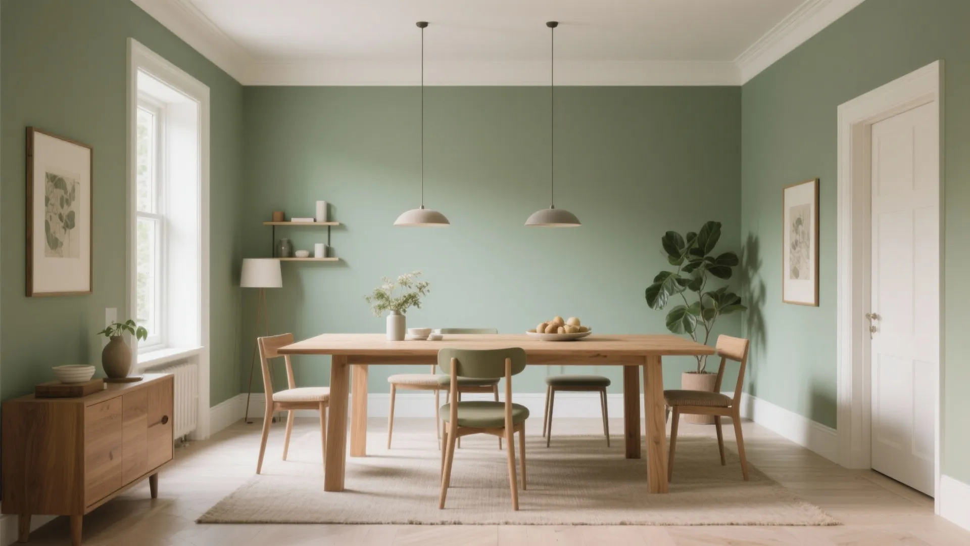 Minimalist dining area featuring sage green walls, wooden table, four chairs, two ceiling lights, rug