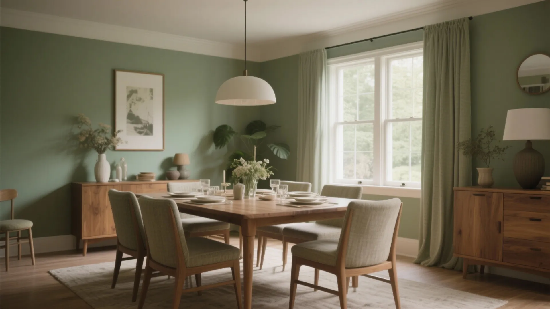 Modern sage green dining room featuring wooden table six chairs white ceiling light and matching curtains