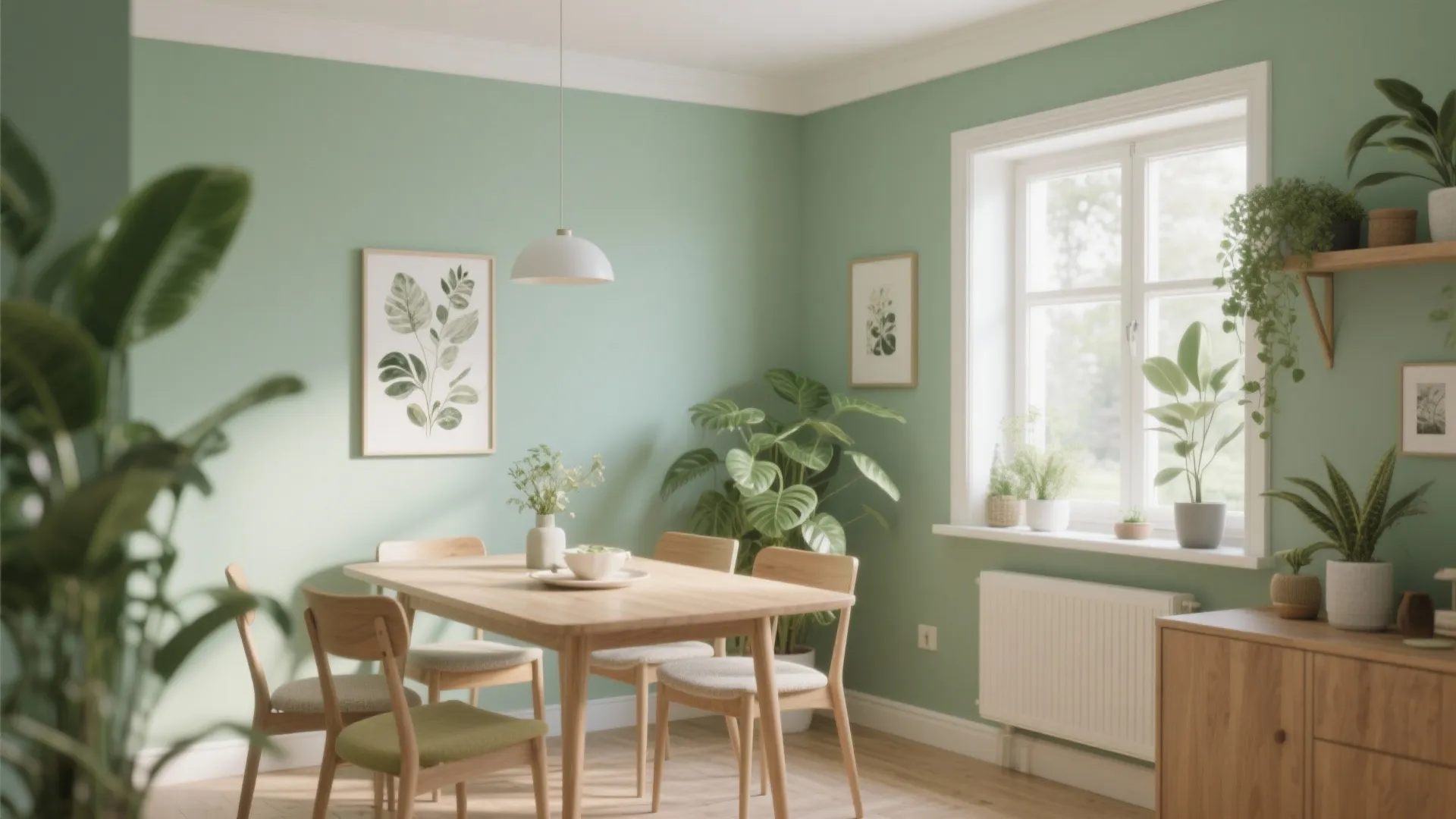 Modern dining room with green walls wooden furniture white ceiling light many green indoor plants