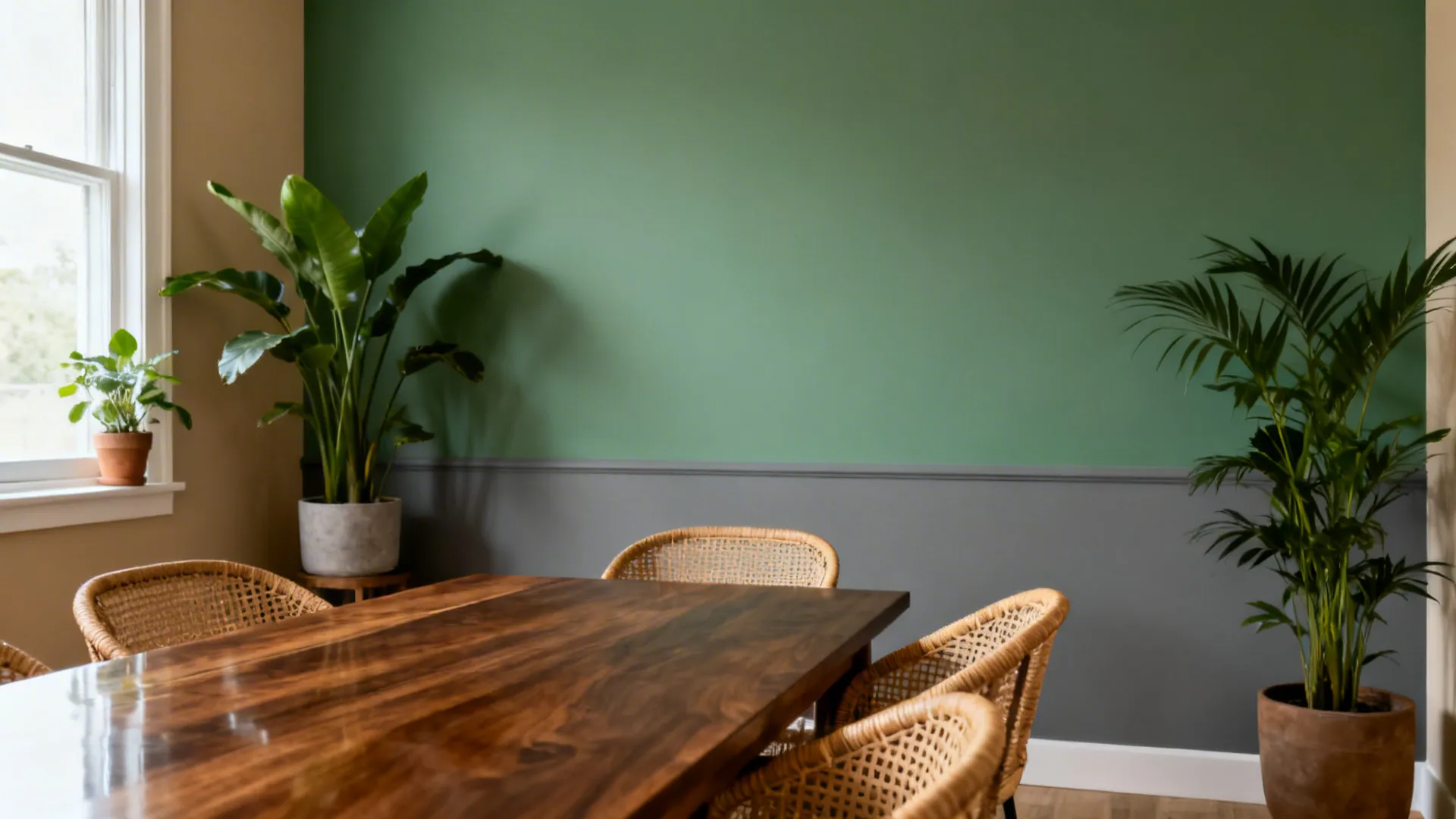Dining space with sage green wall, walnut table, rattan chairs, and plants in soft light.