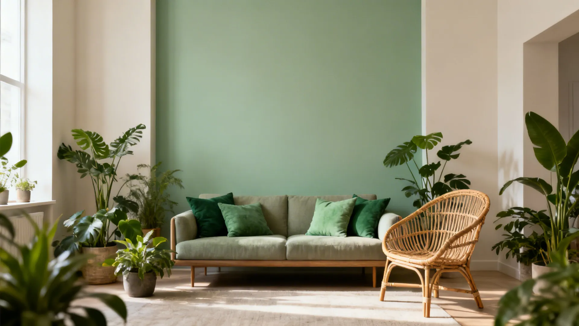 Living room with soft sage feature wall, green pillows, rattan chair, and plants in natural daylight.