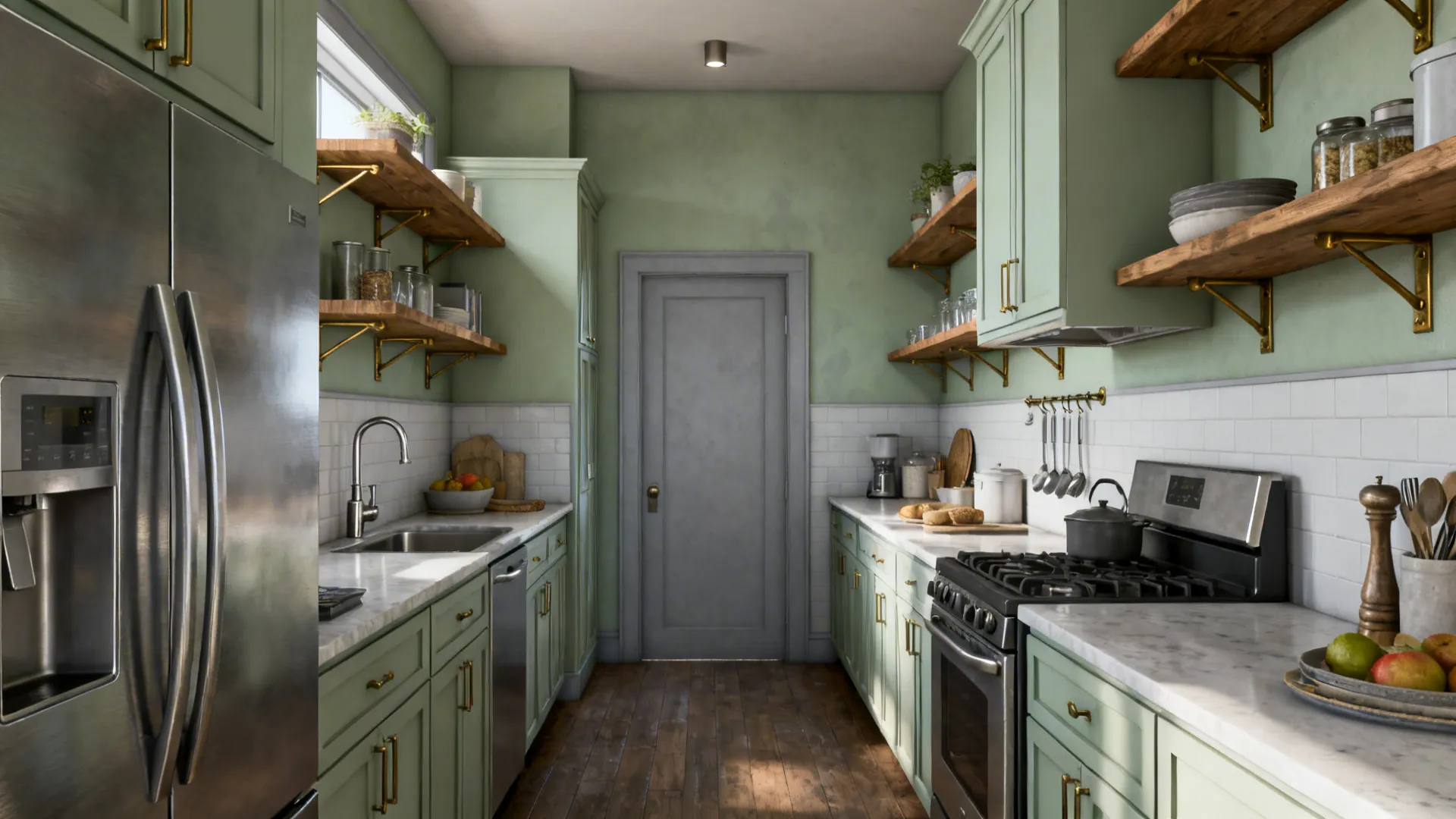 Sage green galley kitchen with open shelves, mixed metals, and pale backsplash.