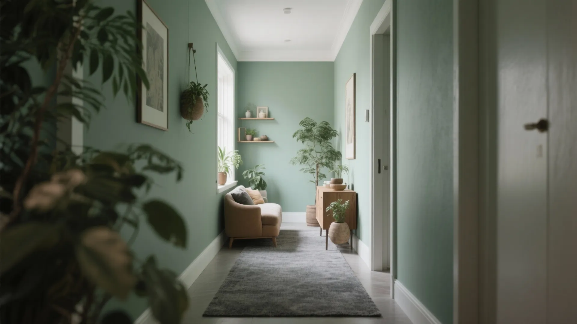 Narrow living room with sage green walls and grey carpet