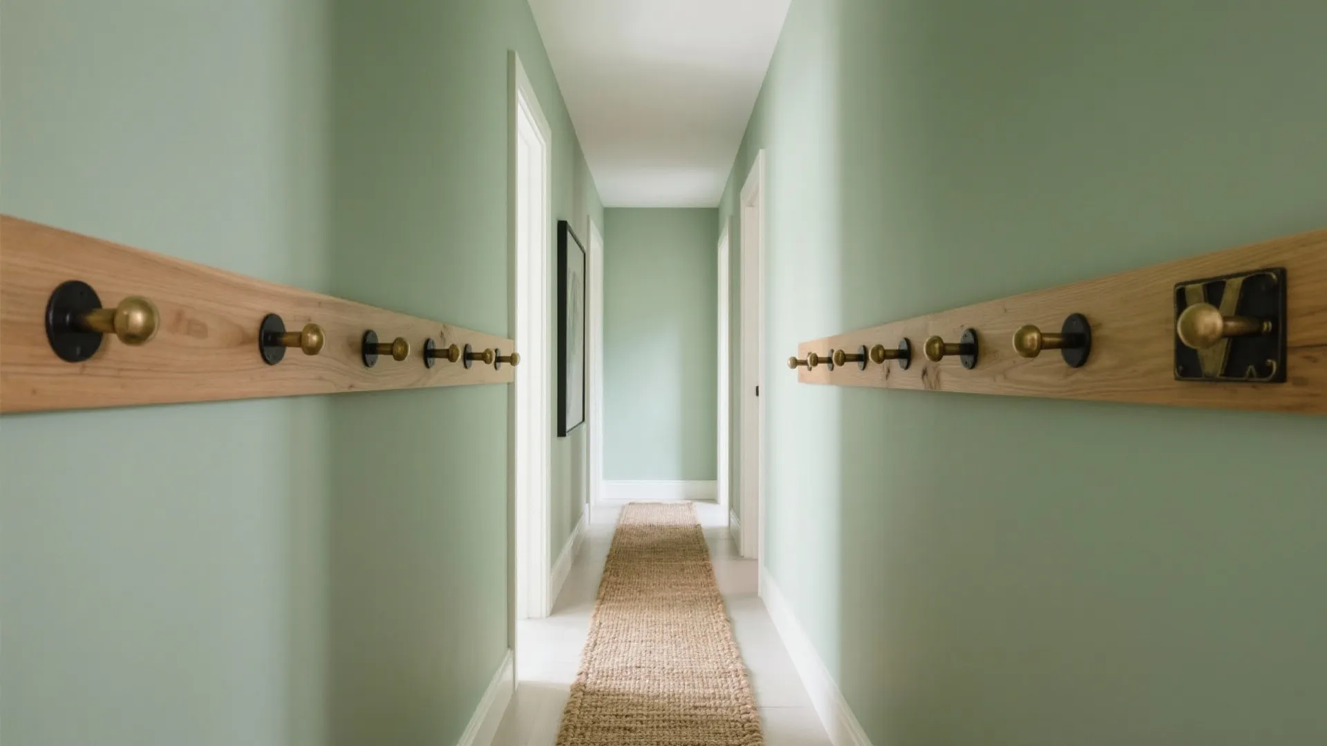 Sage green hallway with wooden wall panel featuring black and gold hooks and floor rug runner