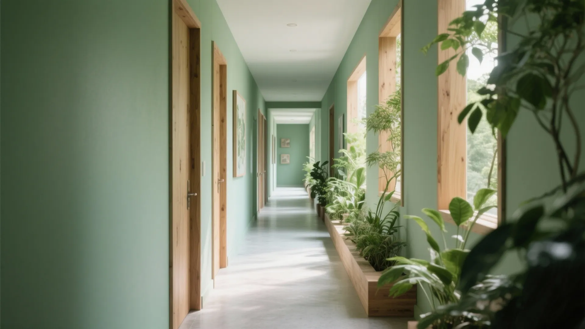 Long hallway with sage green walls featuring wooden door frames and indoor plants in bright sunlight