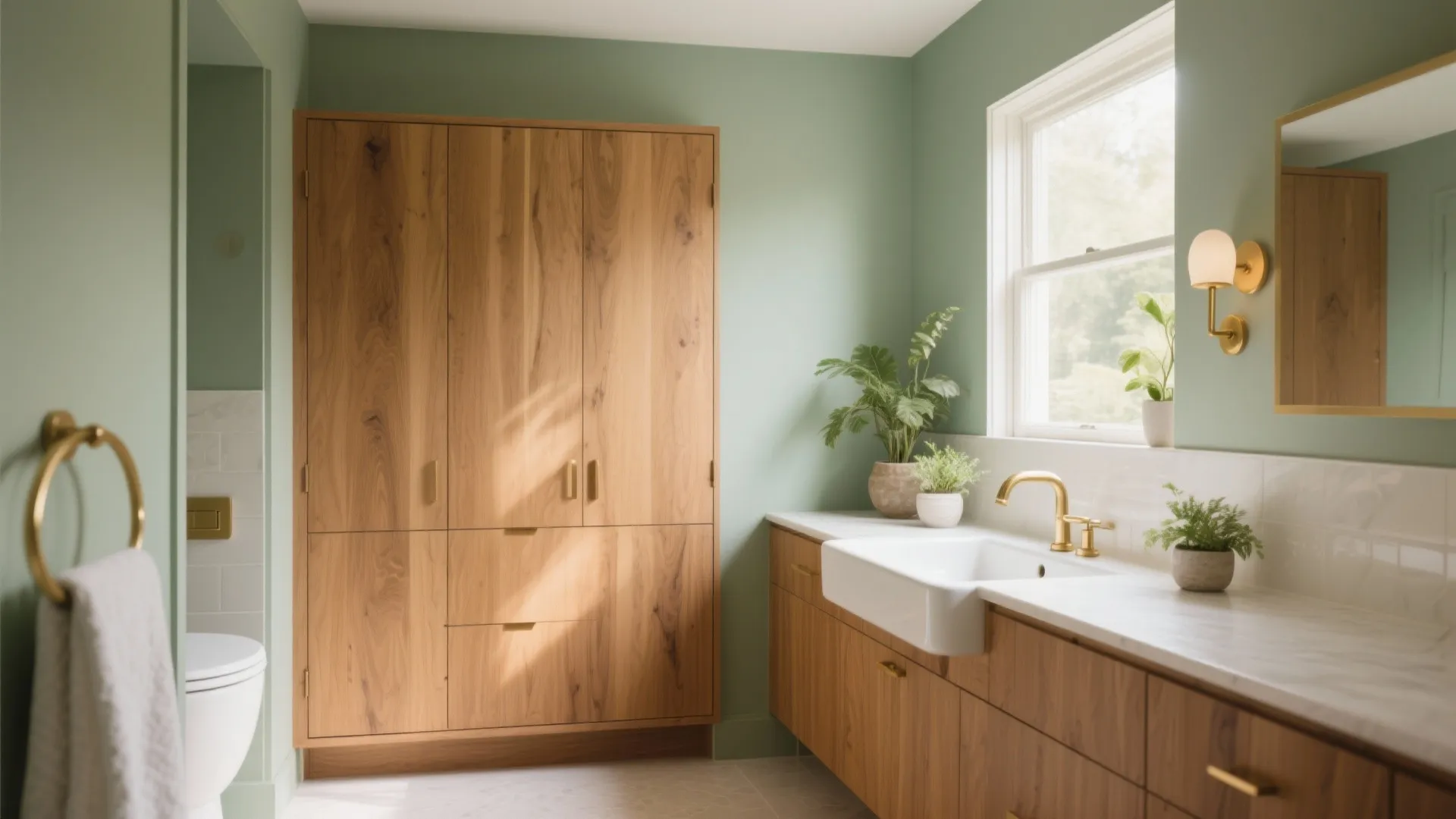 Honey oak cabinets with soft sage green walls in a bathroom