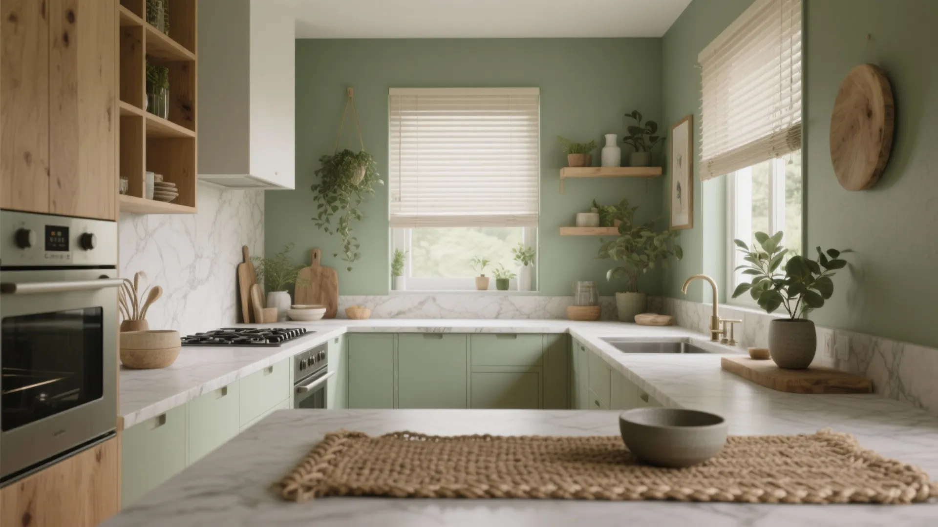 Sage green kitchen with marble countertops wooden shelves green cabinets potted plants and window blinds