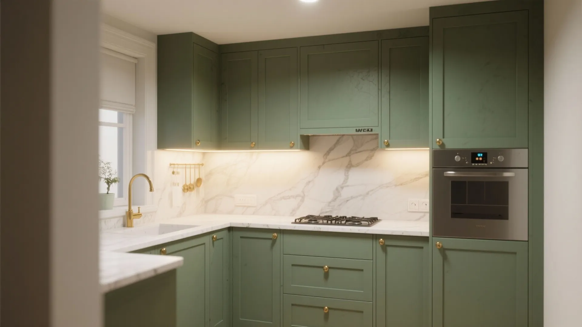 Sage green kitchen cabinets with gold knobs, white marble backsplash, gold faucet, and built-in oven