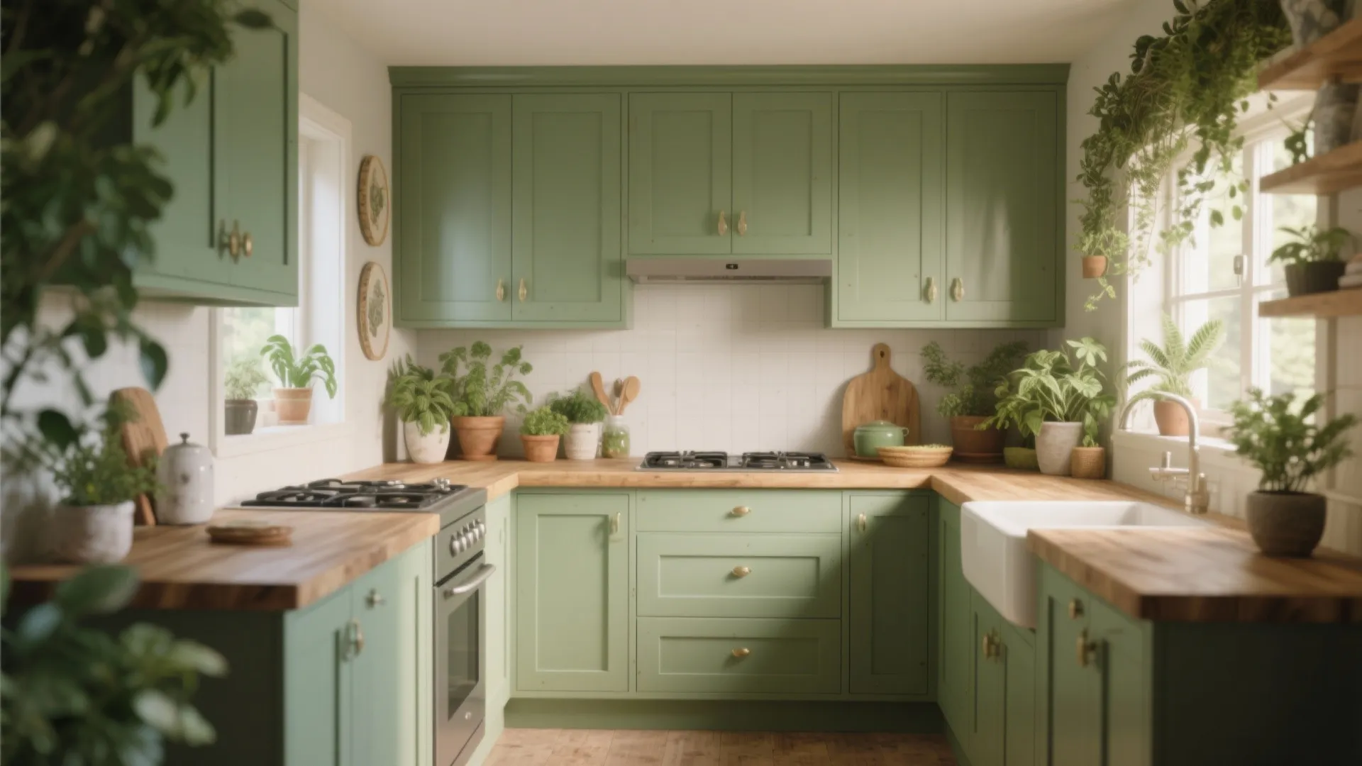Sage green kitchen cabinets with wooden countertops white tiles and many green plants in pots