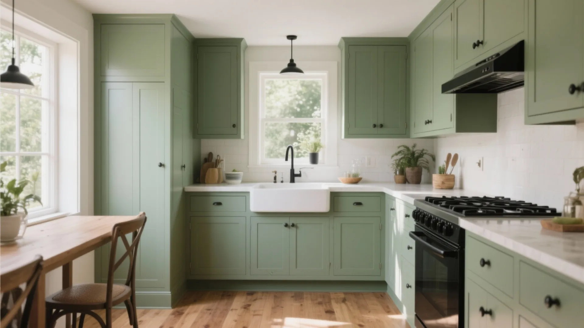 Small kitchen with sage green cabinets and wood floors