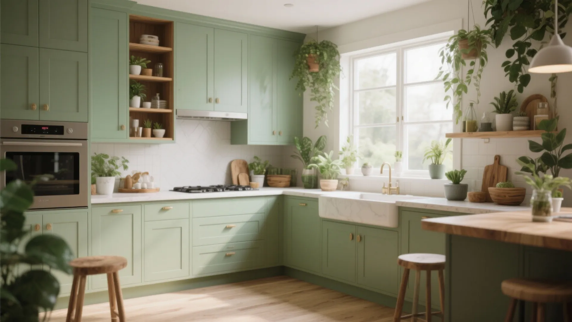 Sage green kitchen with white countertops wooden floors potted plants hanging vines and natural sunlight