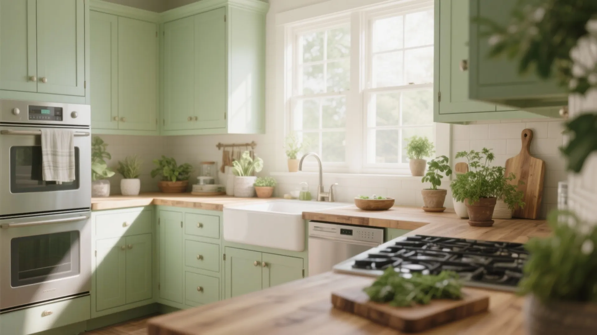 Sage green kitchen with wood countertop white sink many potted plants window and silver oven