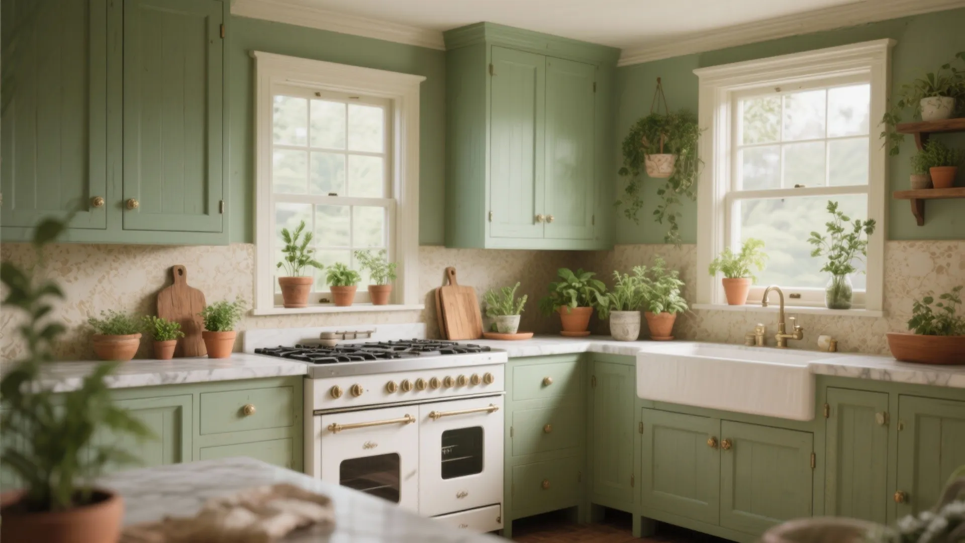 Timeless kitchen with sage green walls, antique white cabinets and herb-filled windowsill