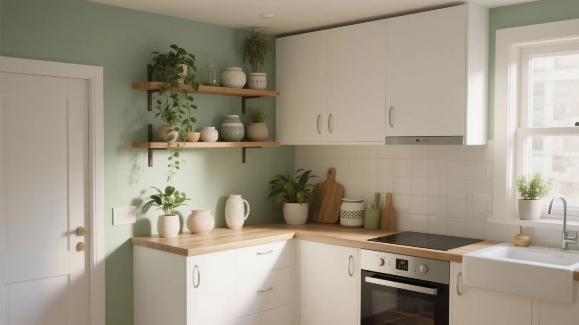 Petite kitchen with white cabinets and soft sage green walls, wood shelf and potted plants