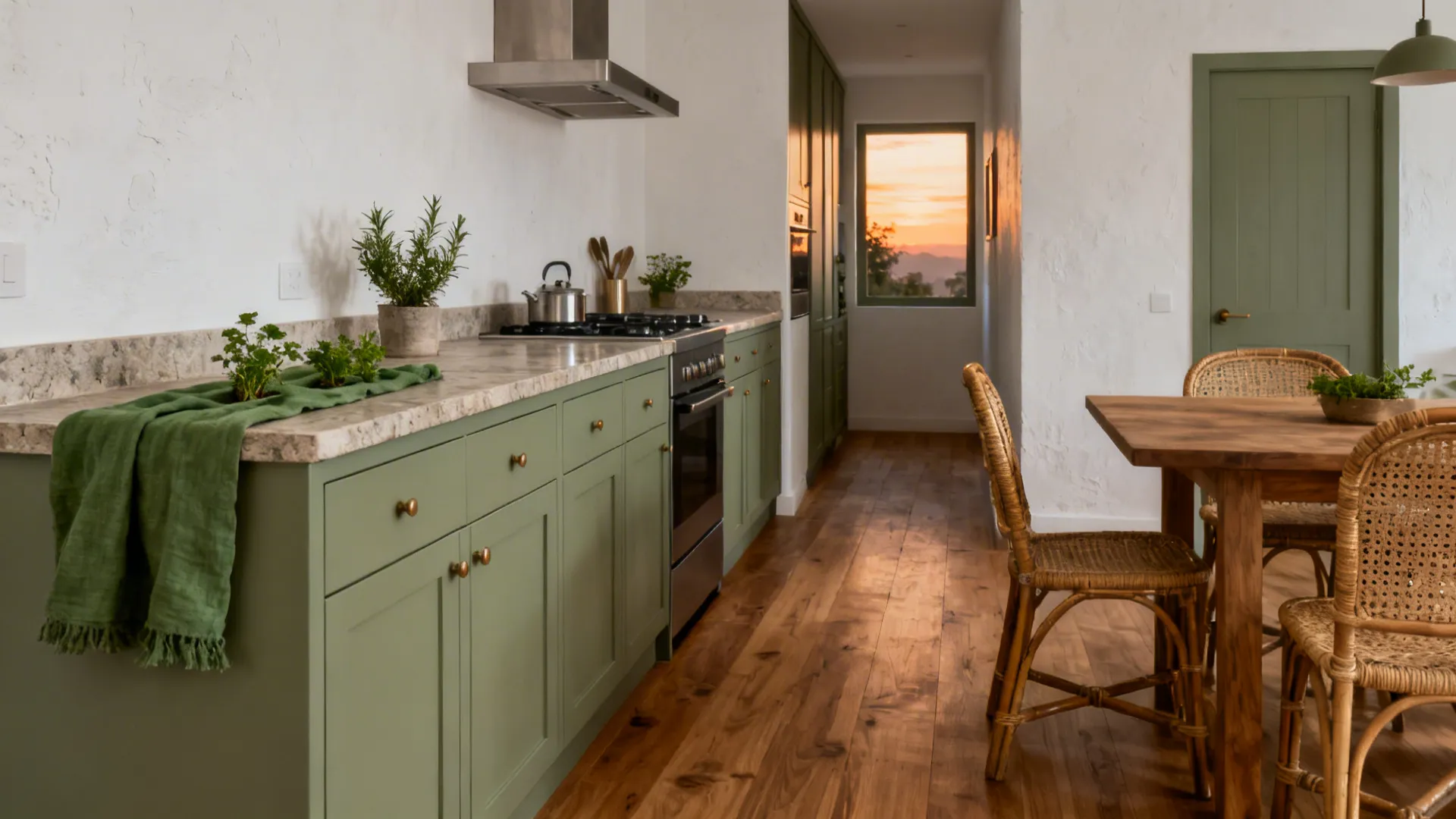 Sage lower cabinets and plaster-white walls with oak and rattan create a calm kitchen-dining space.