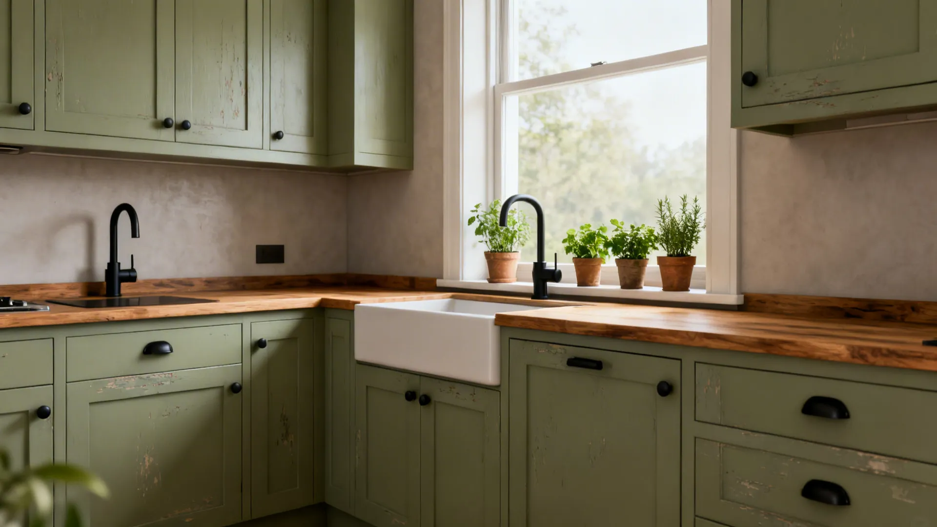 Compact kitchen with muted sage green cabinets, matte black fixtures and wood countertop.