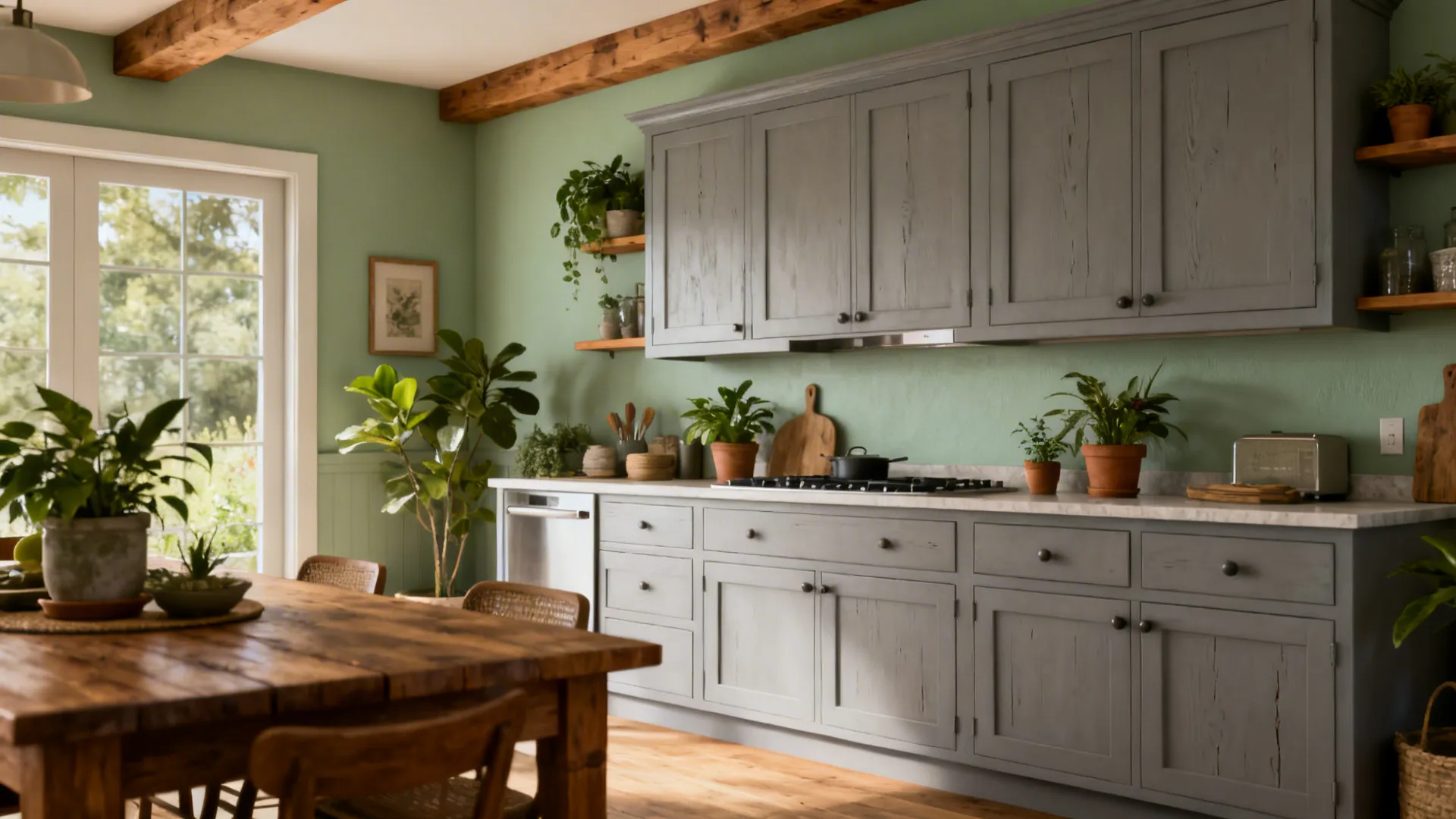 Gray cabinets with soft sage green walls, wood accents, and plants for organic warmth.