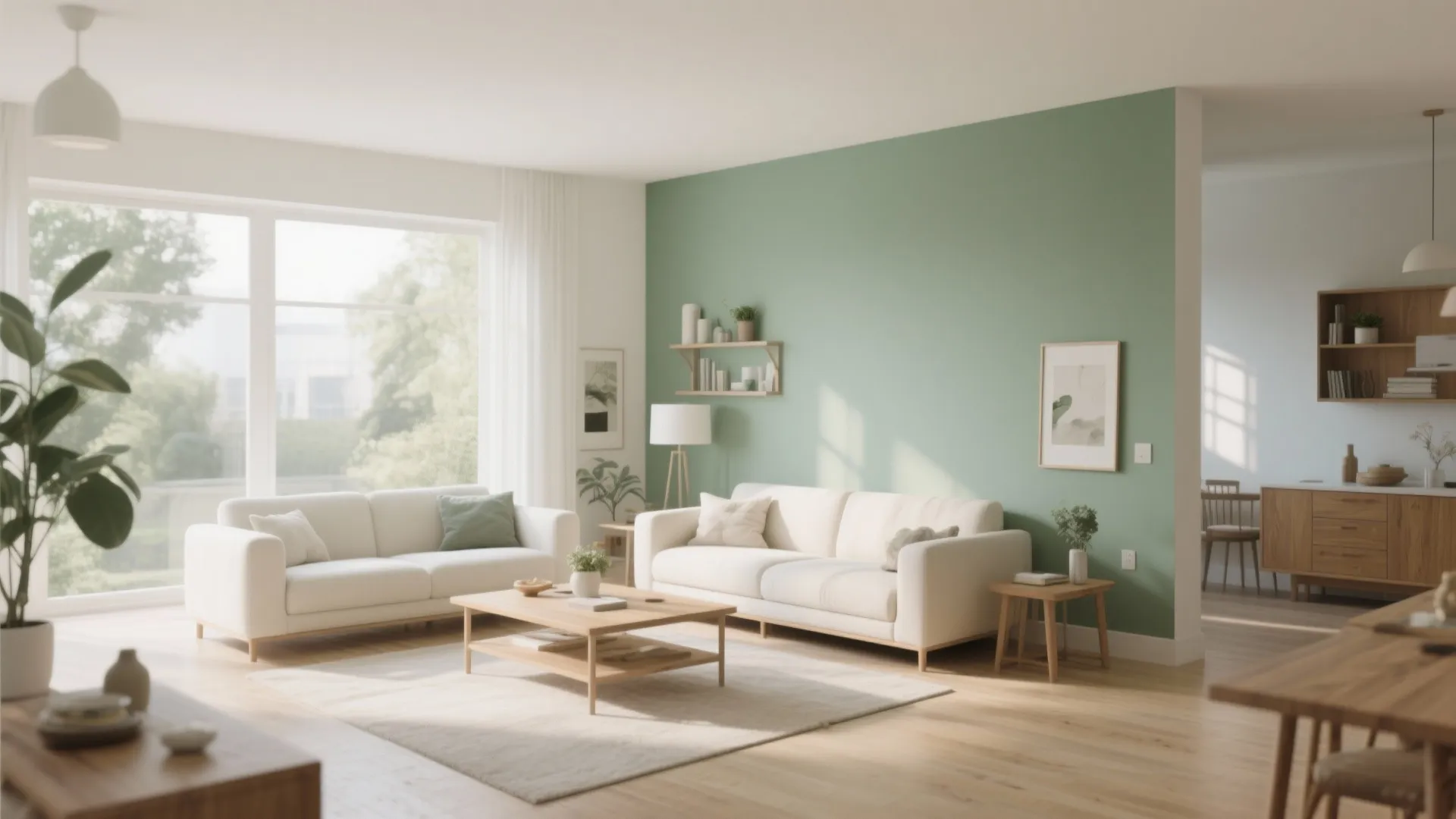 Modern sage green living room with white sofas wooden coffee table large windows and natural light