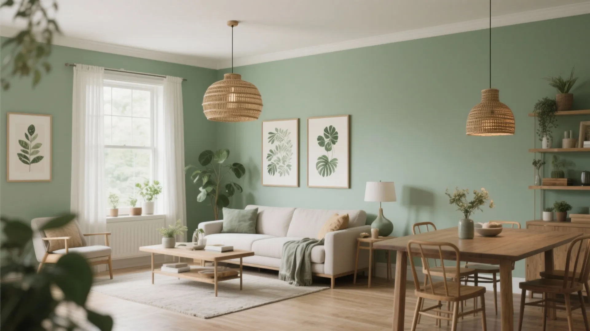 Sage green living room with white sofa wooden coffee table woven ceiling lights and plants