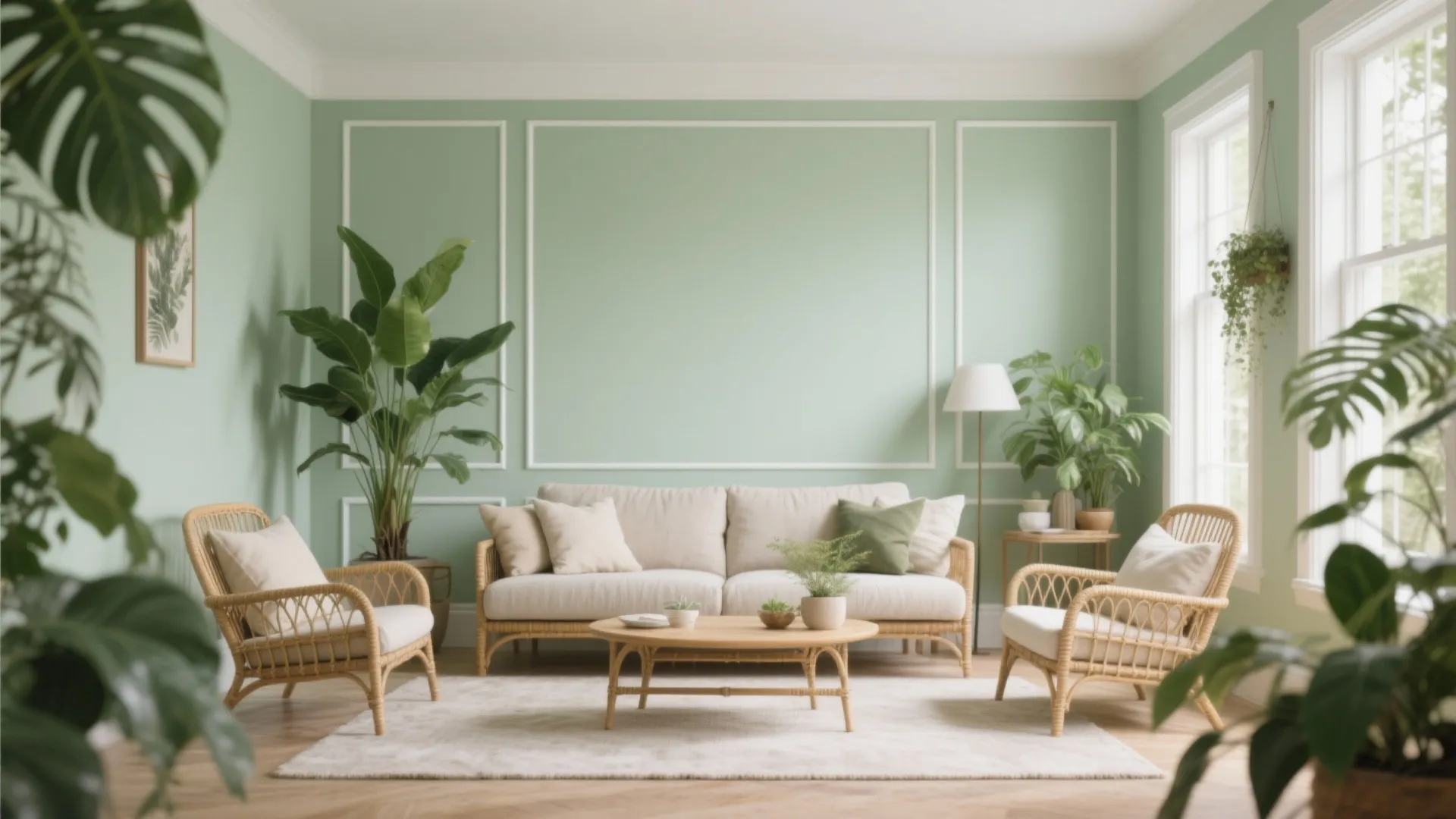 Sage green living room with white wall panel cream sofa wooden coffee table and indoor plants