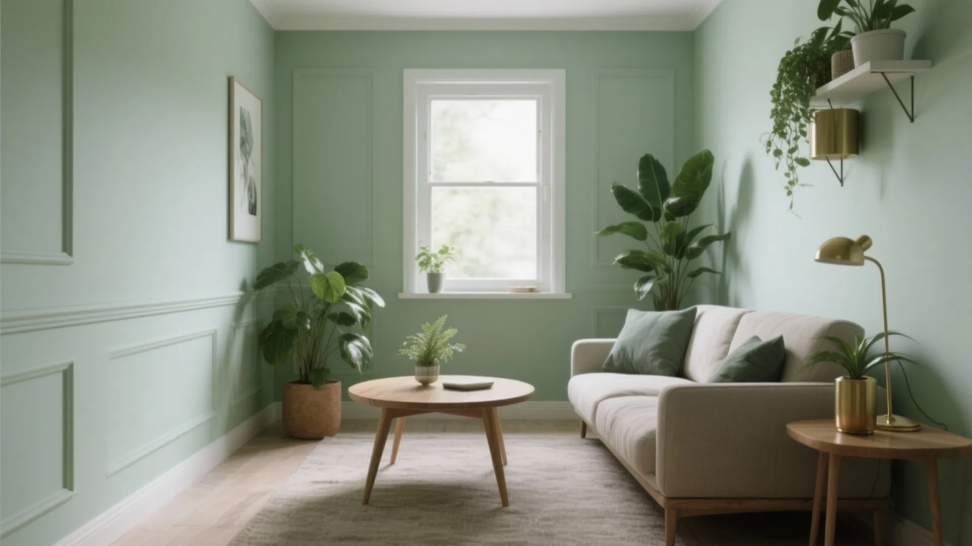Small living room with desaturated sage walls, lighter sage trim, plants, and brass accents.
