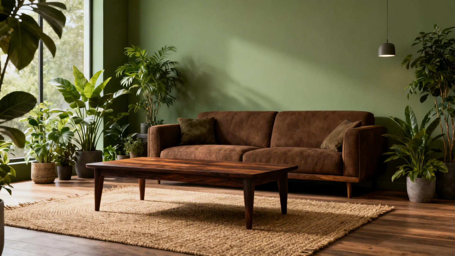 Living room with sage green walls, brown sofa, walnut table and plants.