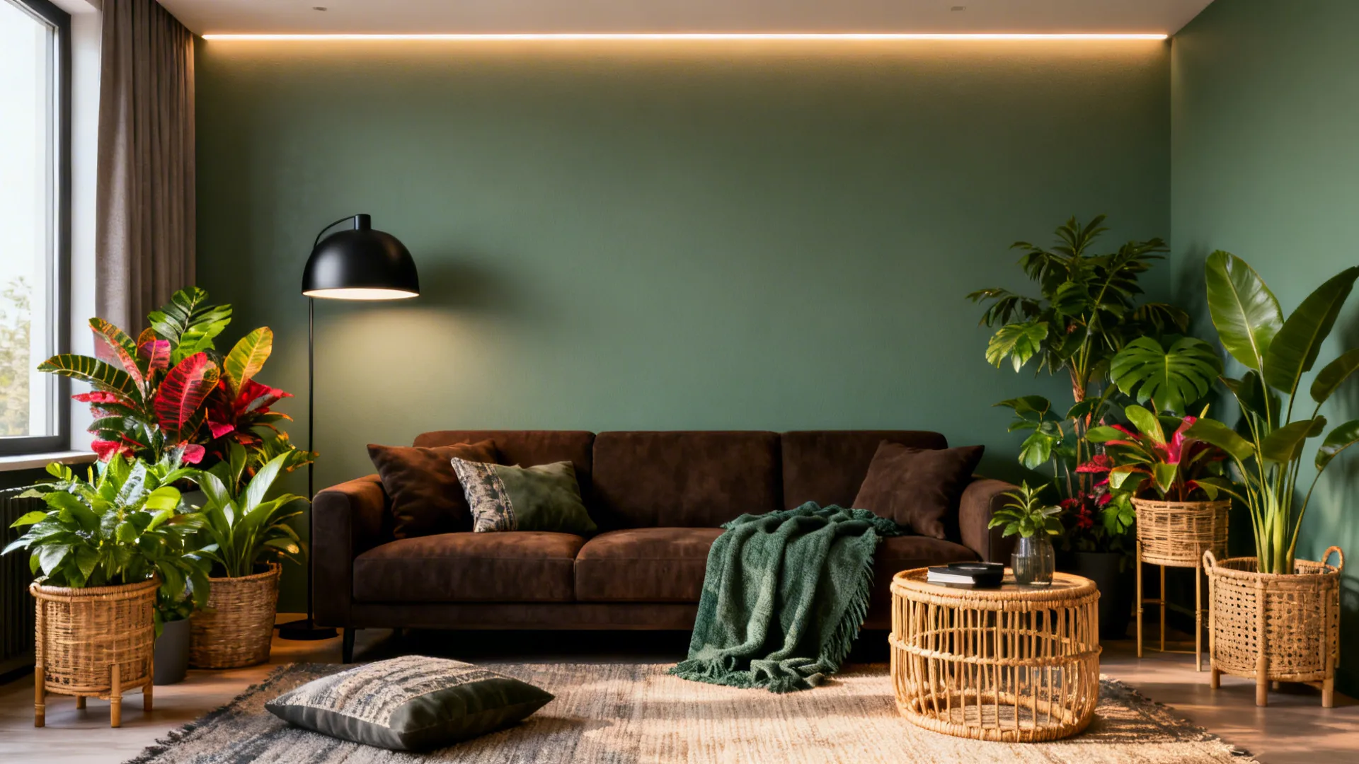 Living room with dark brown sofa and soft sage green walls with rattan accents