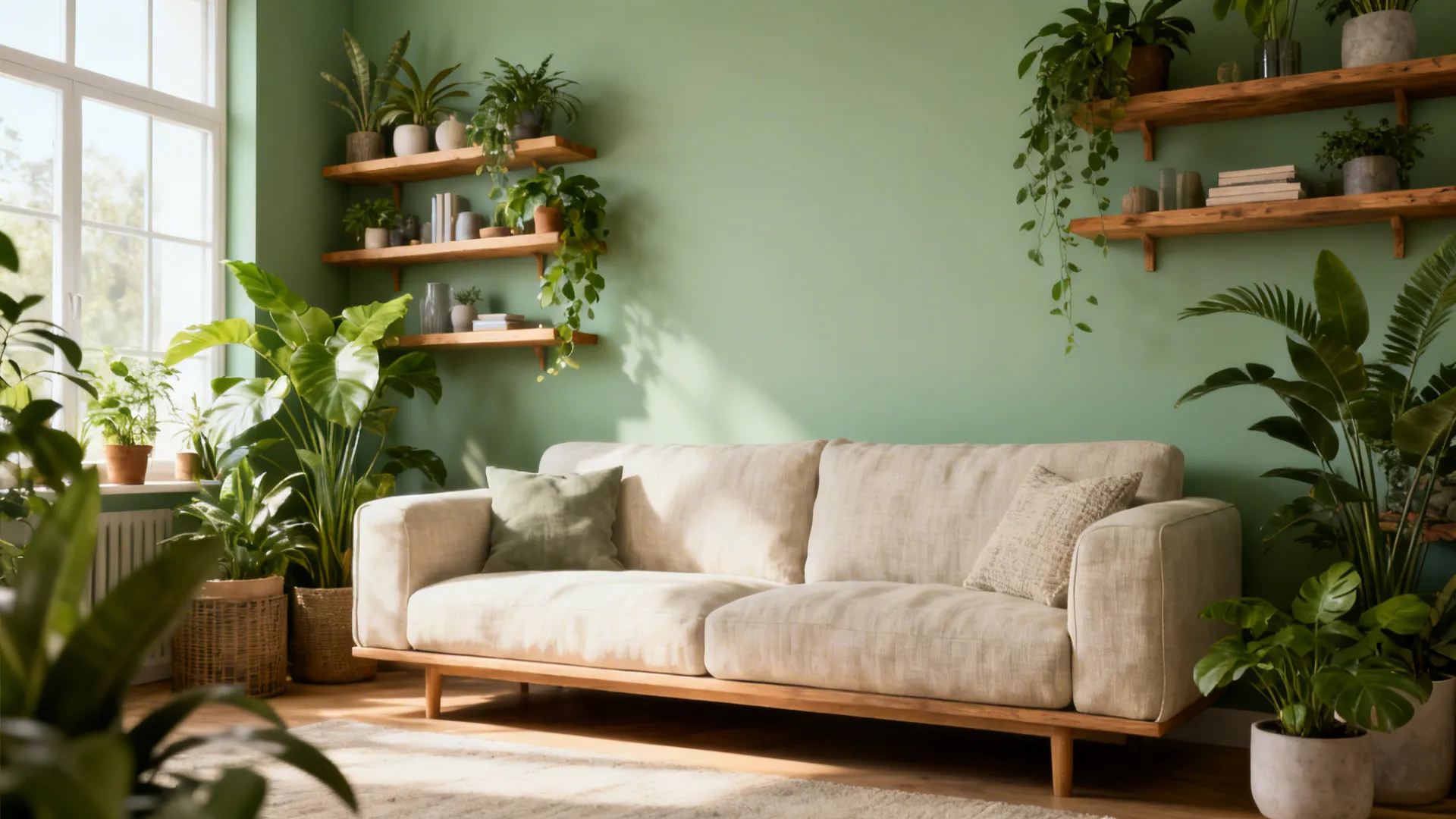 Serene living corner with a soft sage green accent wall and lush houseplants