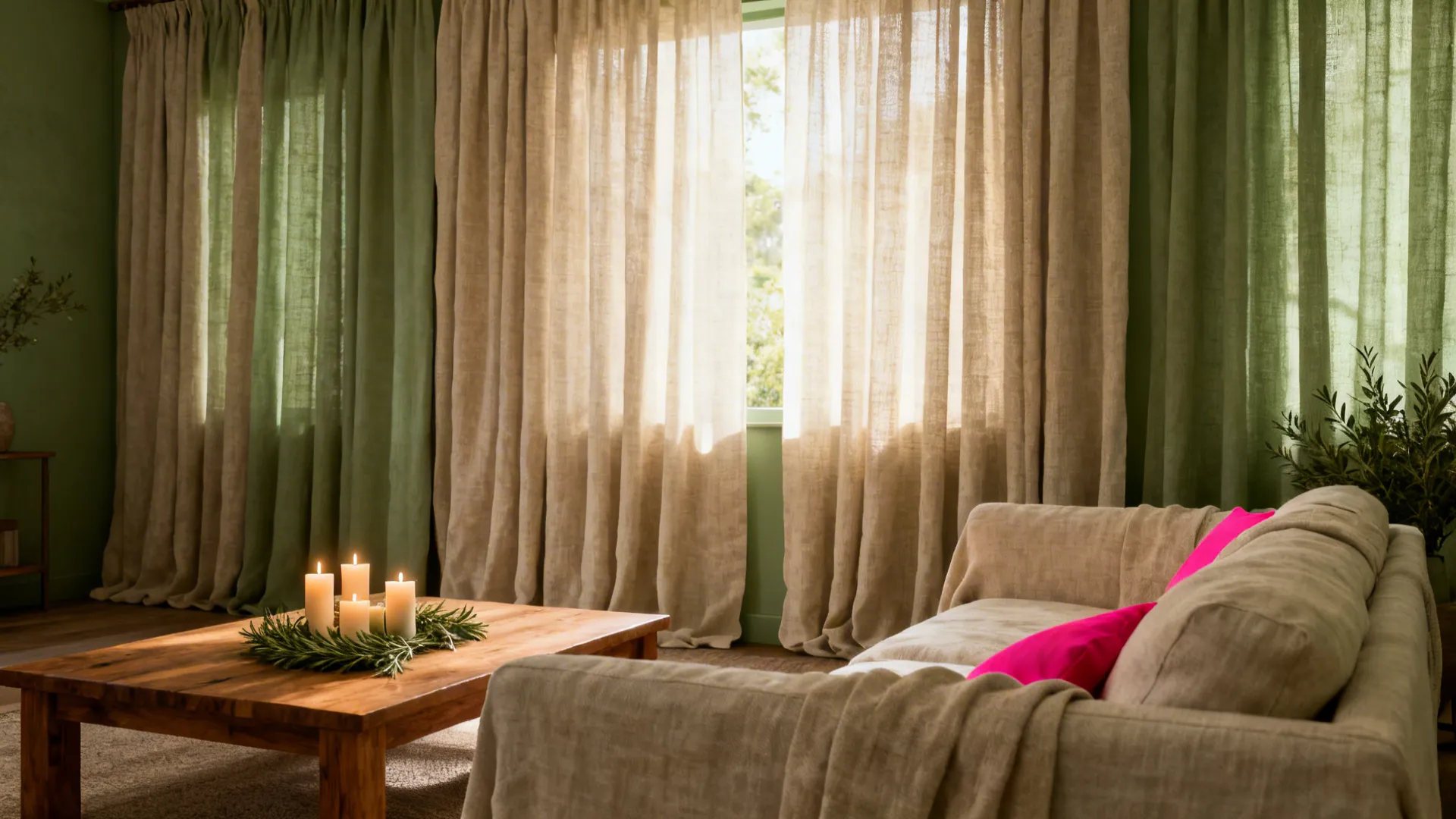 Sage green living room featuring beige curtains wooden coffee table lit candles and soft sofa