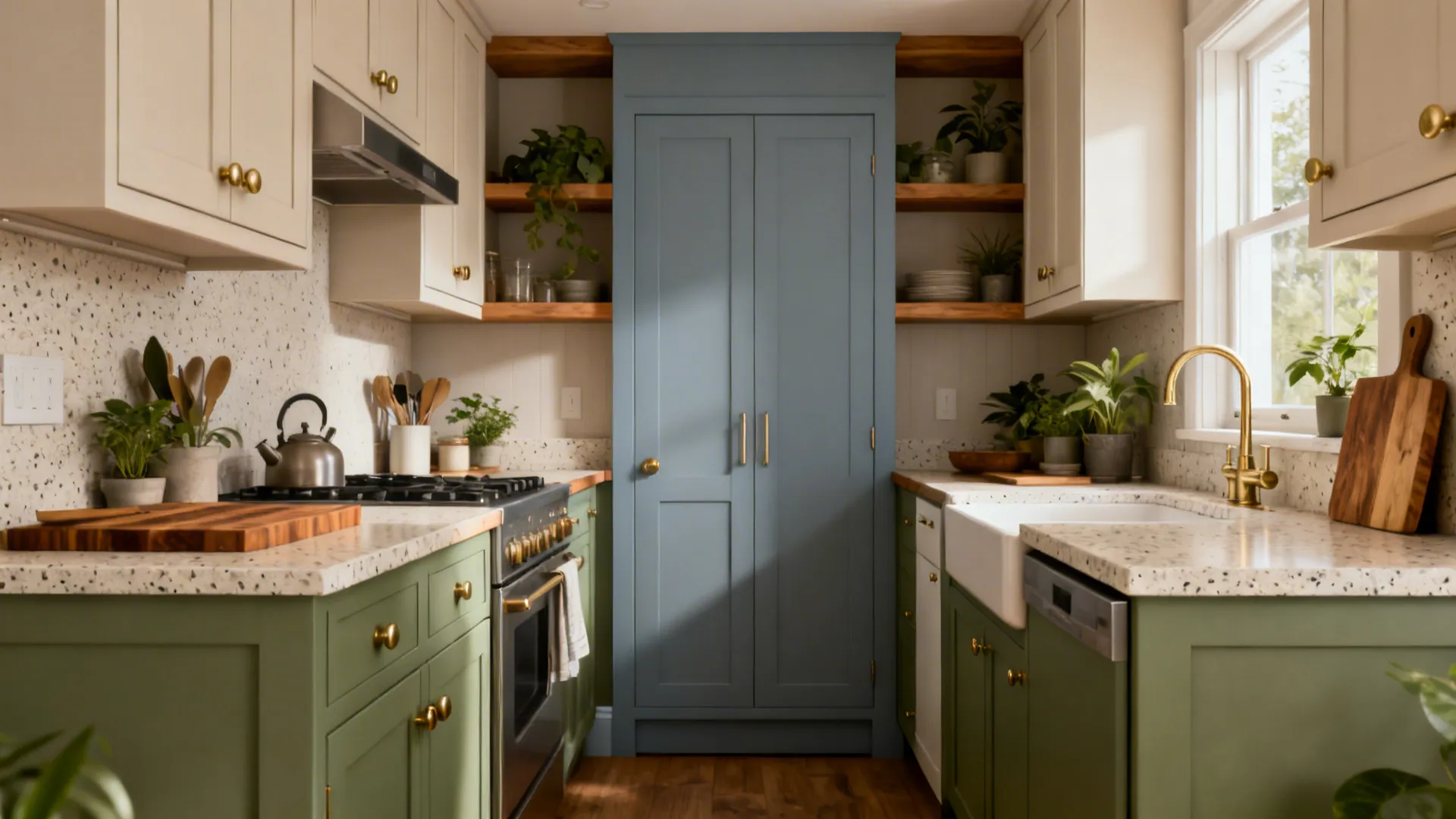 Small kitchen with sage-green lowers, light uppers, terrazzo counters, and brass hardware in soft daylight.