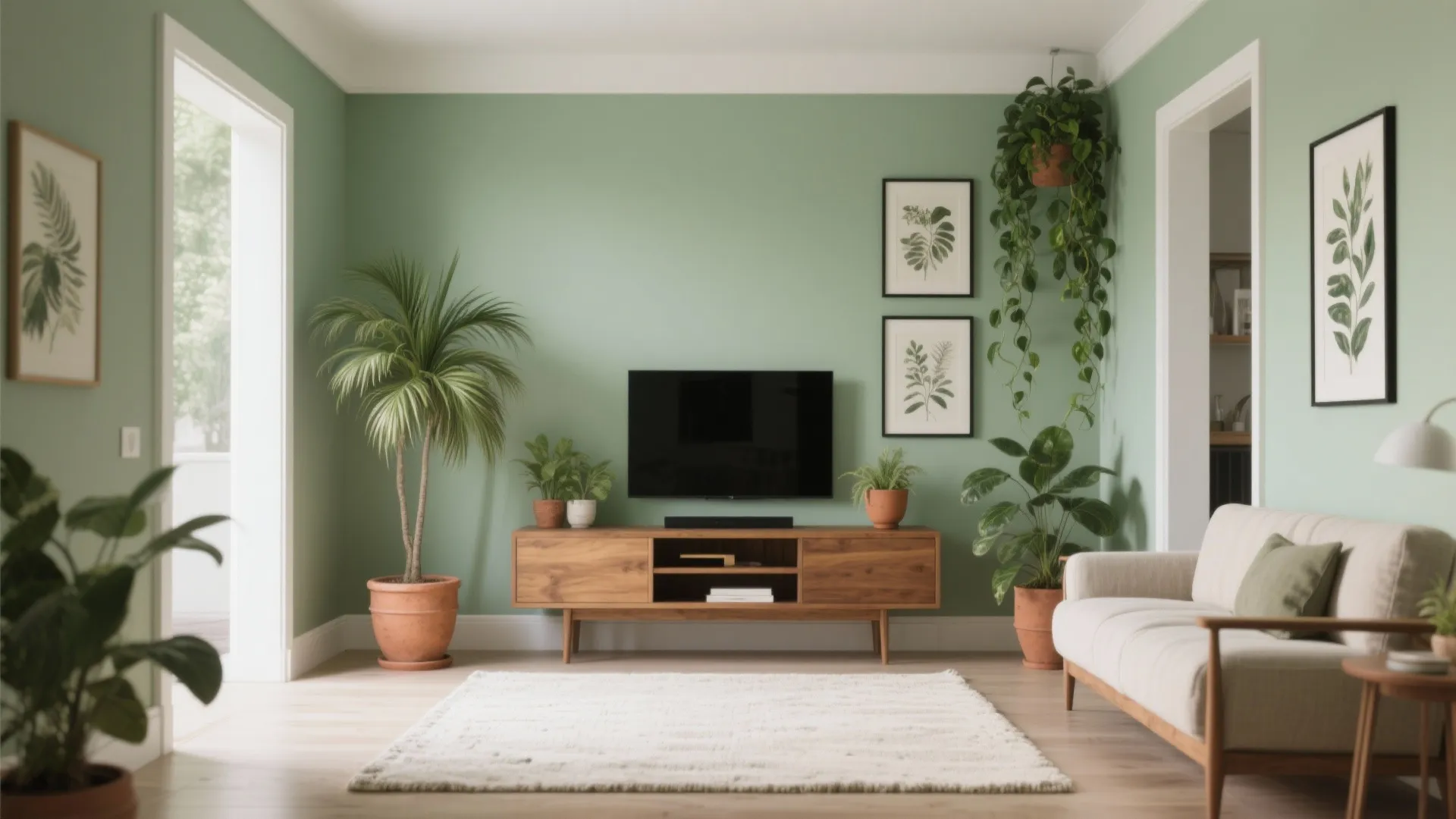 Sage green living room with TV on wooden cabinet, white rug, and many indoor plants