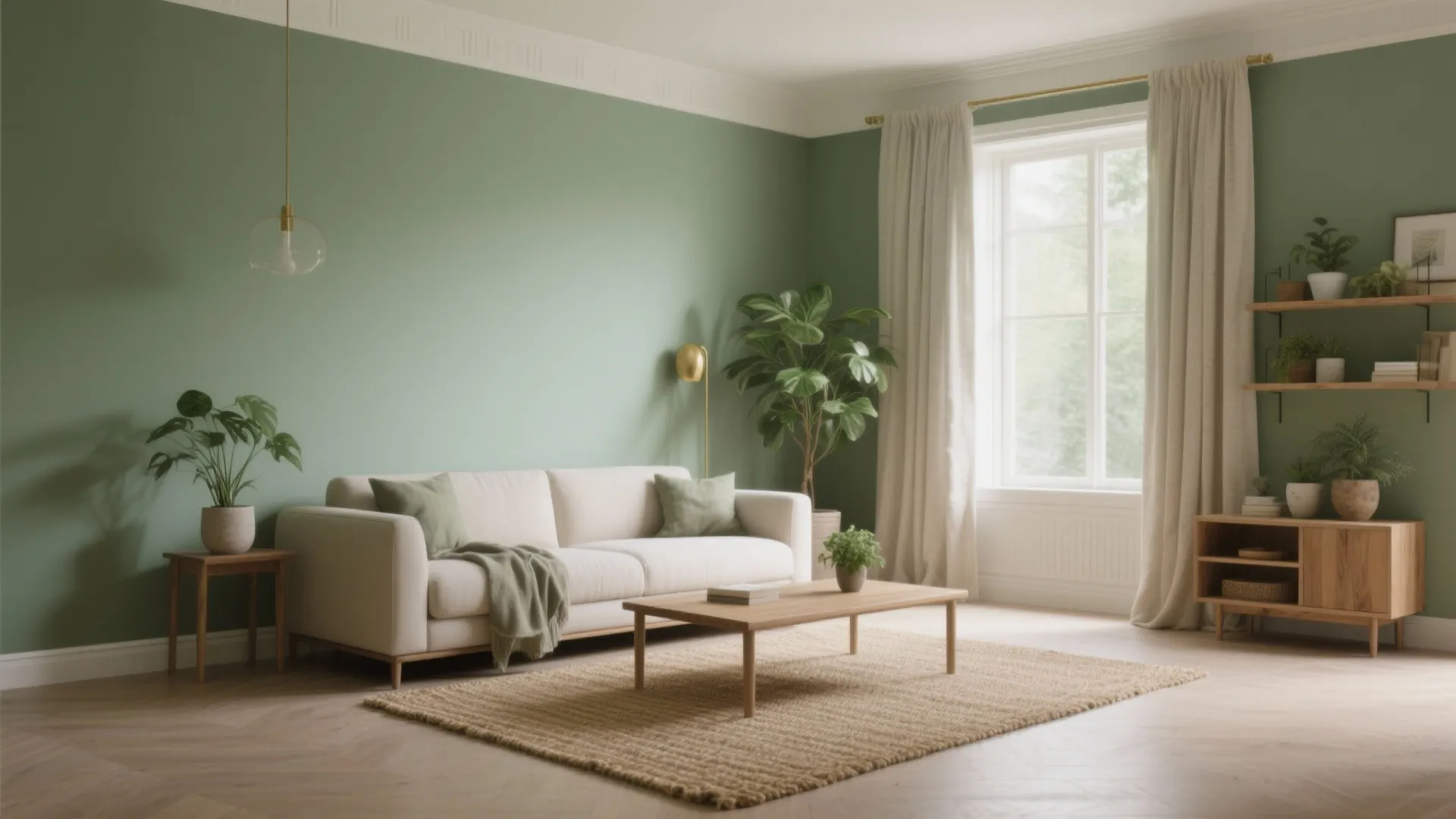 Living room with sage green wall white sofa wooden coffee table rug and large bright windows