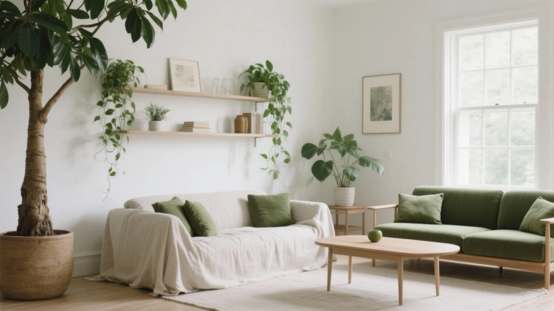 White + Sage Green + Biophilic Touches
