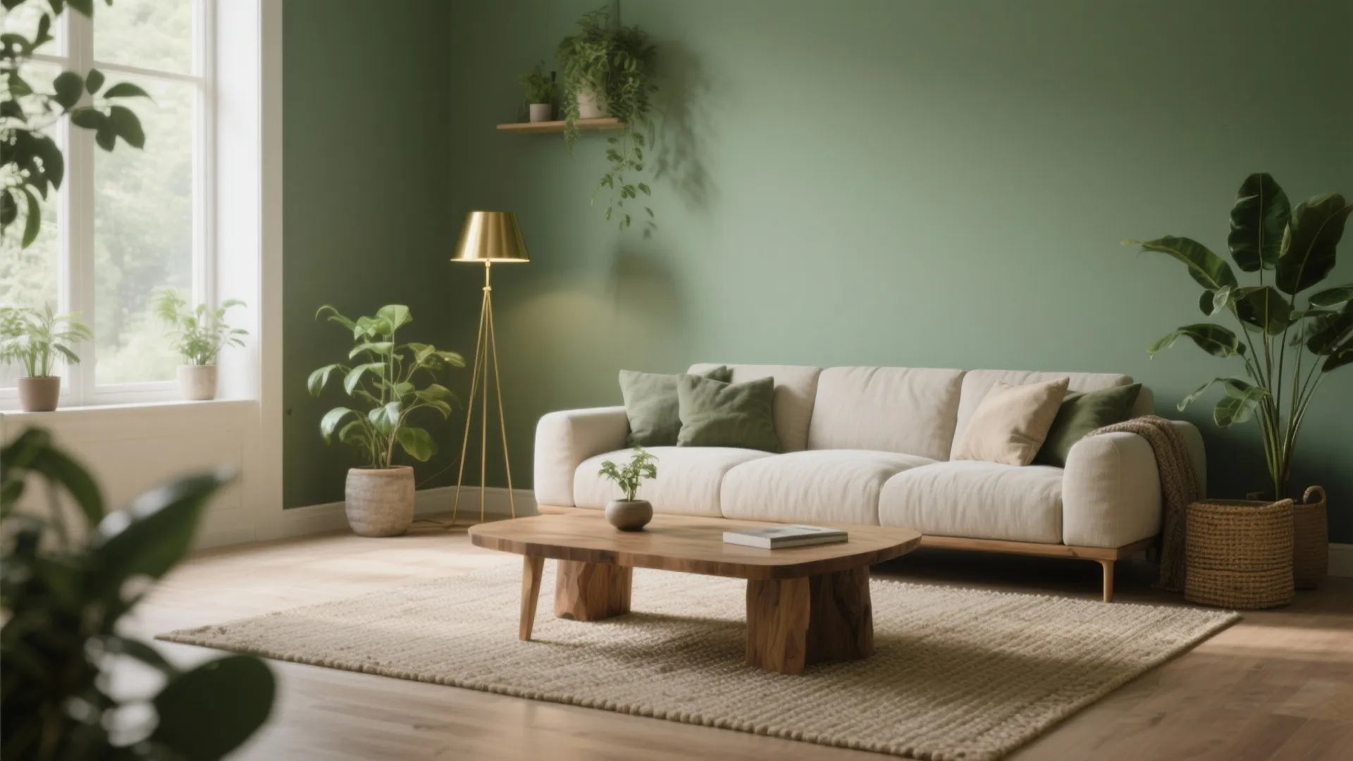 Sage green living room with white sofa wooden coffee table floor lamp and many indoor plants
