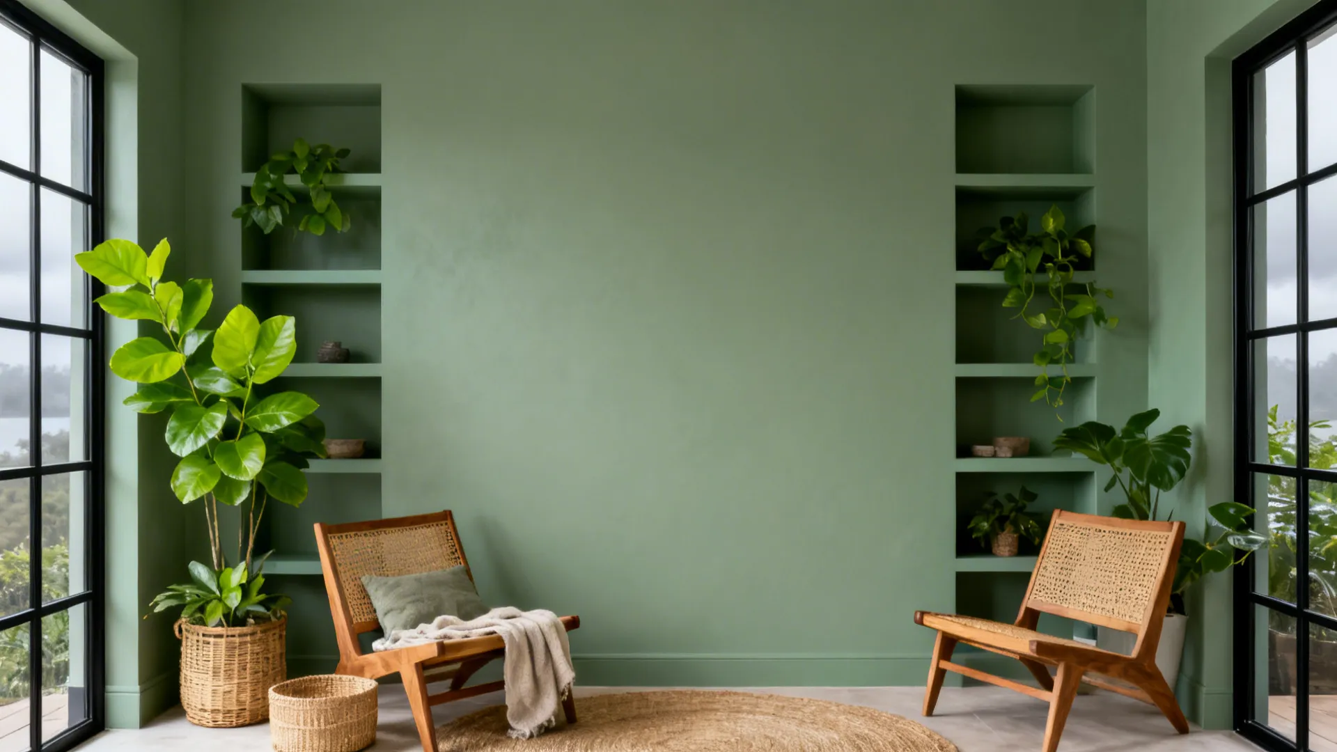 Sage green living room with matching shelves, oak and cane furniture, and plants.