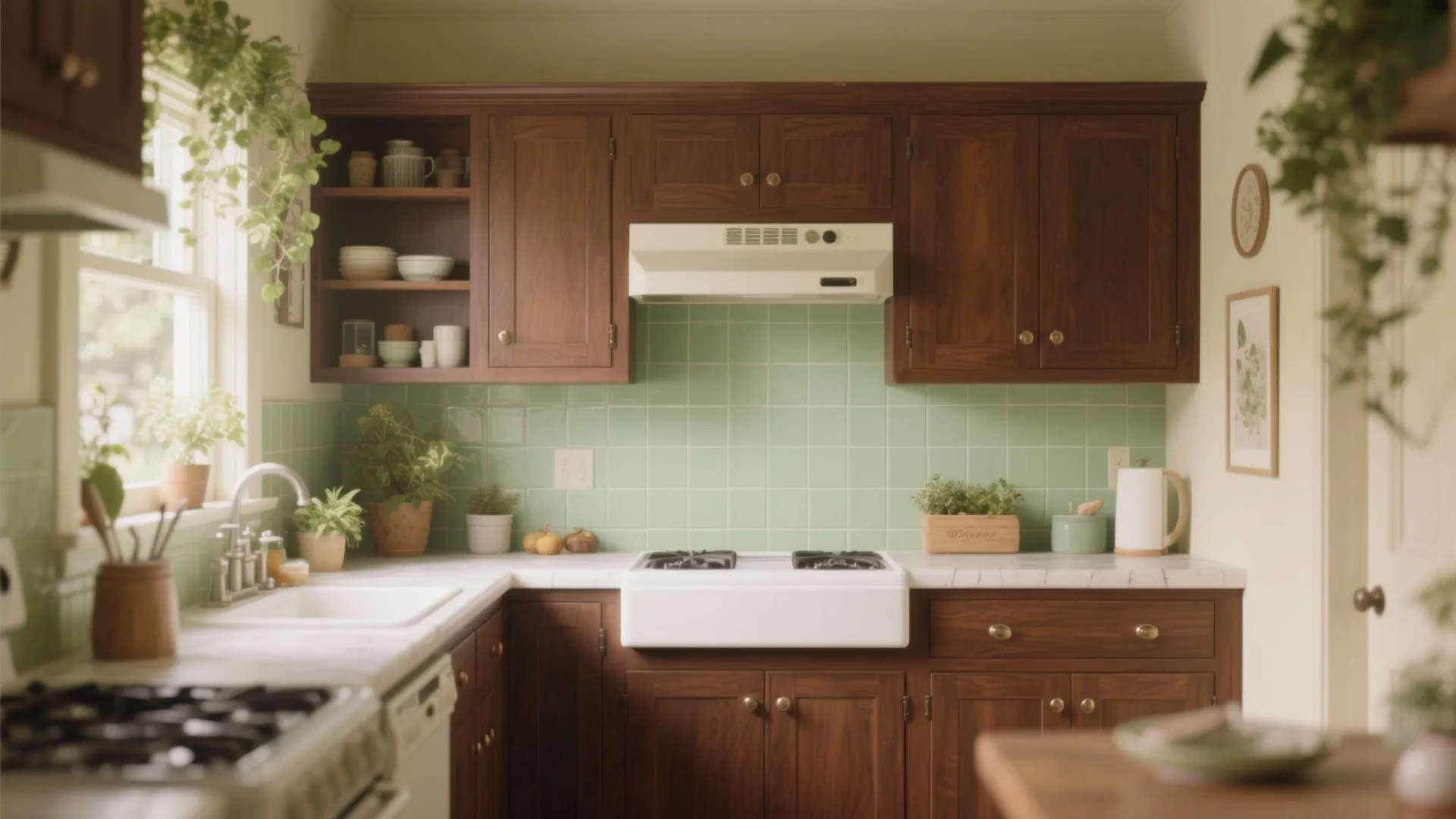 Kitchen with dark wood cabinets green tile wall white marble countertop sink and gas stove