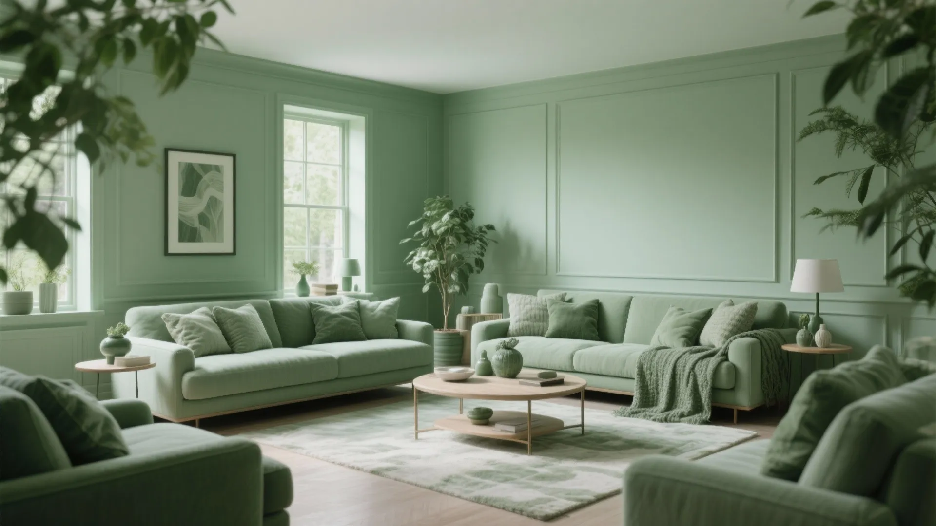 Sage green living room featuring green wall panels matching sofas rug and small wooden table