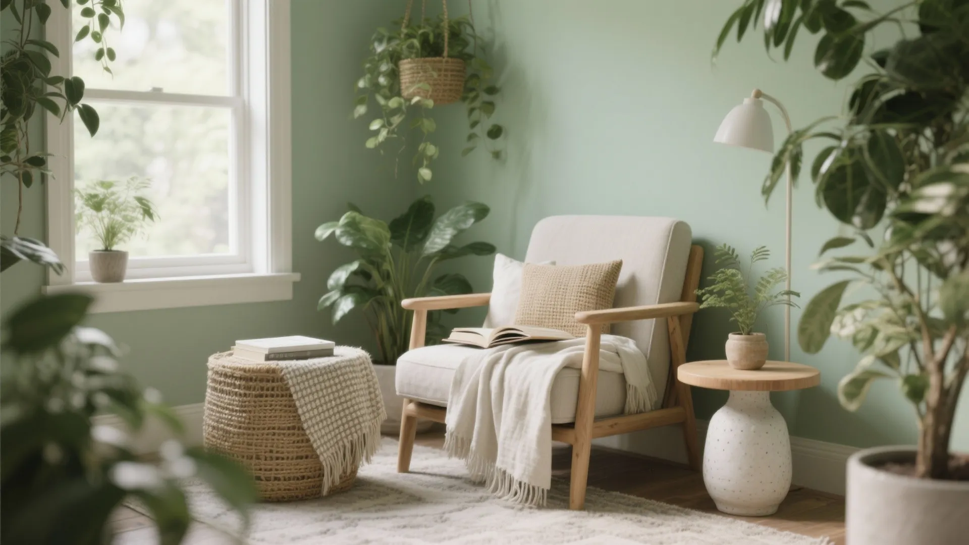 Cozy reading corner with green walls white chair wooden side table footrest and many green plants