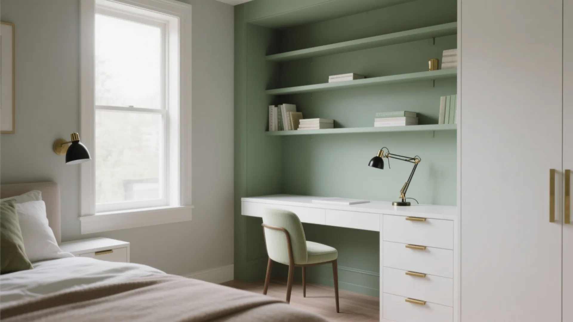 Bedroom workspace featuring white desk green wall shelves black desk lamp and soft green chair