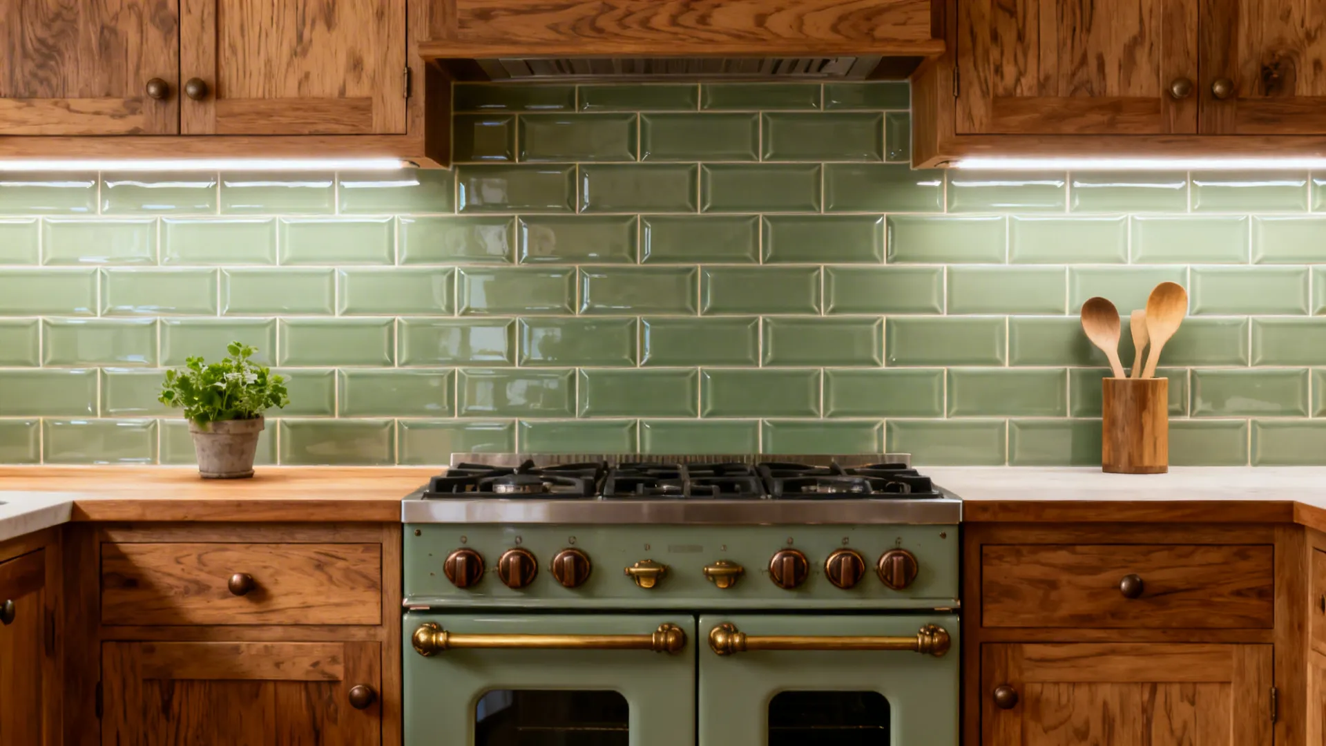 Satin sage ceramic backsplash behind a range complements warm oak cabinets.